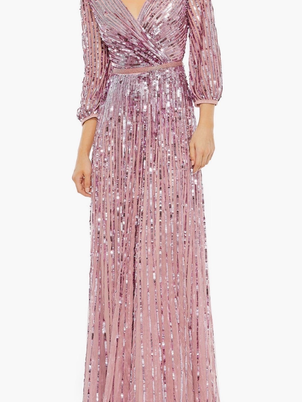 Mac Duggal Rose Pink Sequin Pleated V-Neck Maxi Dress
